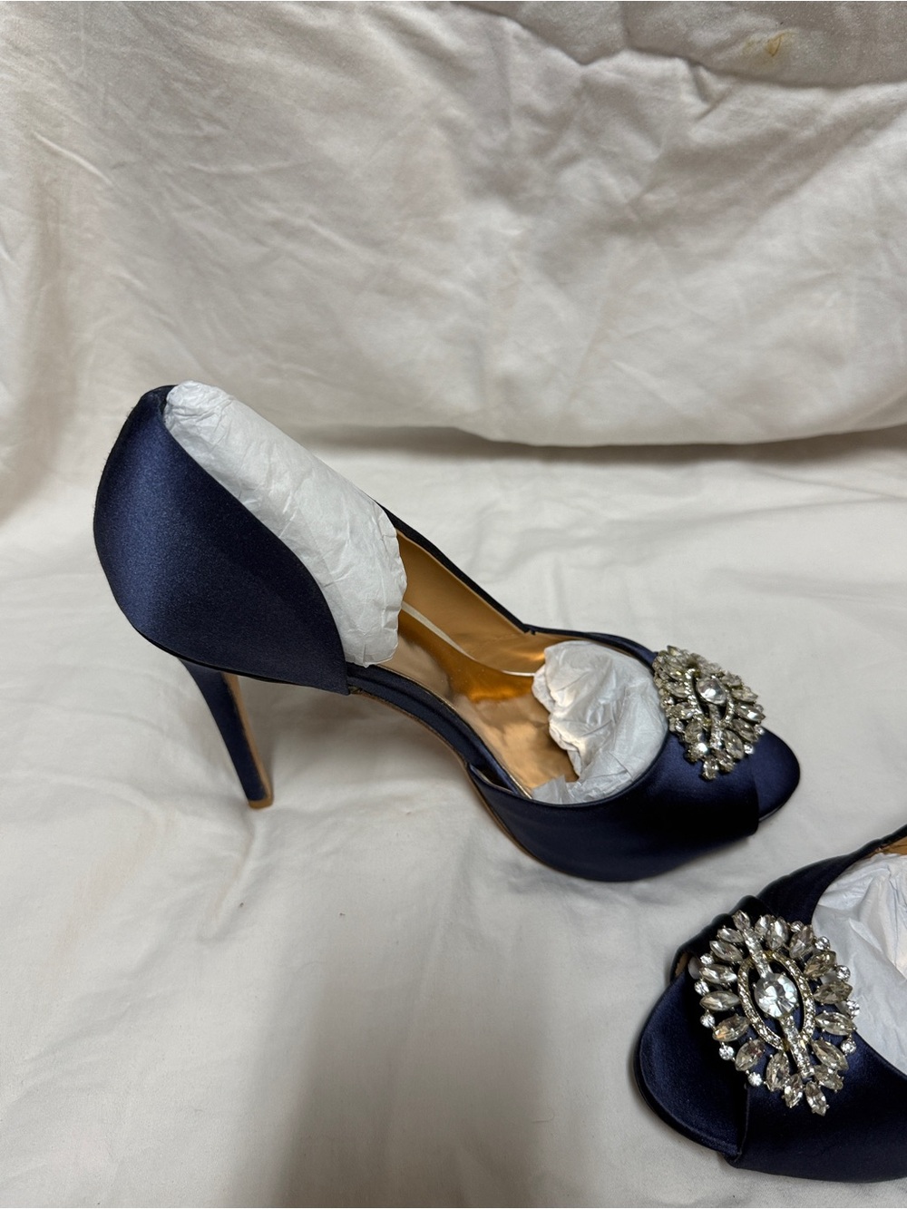 Badgley Mischka Navy Satin Crystal-Embellished Peep-Toe Heels